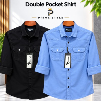 2 pics Premium Double Pocket Shirt (Black & Sky Blue)