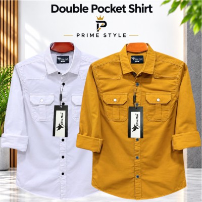 2 pics Premium Double Pocket Shirt (White & Yellow )