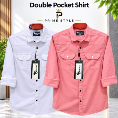 2 pics Premium Double Pocket Shirt (White & Pink)
