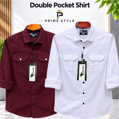 2 pics Premium Double Pocket Shirt (Maroon & White)